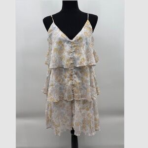 Storia Dress Women Medium White Ruffle Layered Sleeveless Sheer Floral Neutral